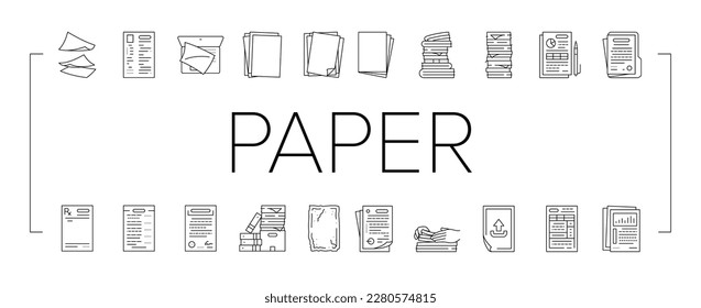 los iconos de la página de notas de la oficina del documento de papel establecen el vector. web de negocios, lápiz blanco, elemento de contrato, hoja de mensajes, lápiz de formulario, papel de escritura, página de notas de oficina ilustraciones de contorno negro