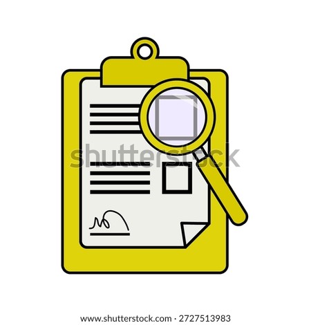 Paper document on clipboard with magnifying glass searching