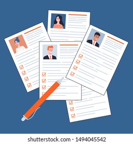 Paper document on the table top view. Bunch of resume, candidate for a job. Idea of labor and recruitment. Vector illustration in cartoon style