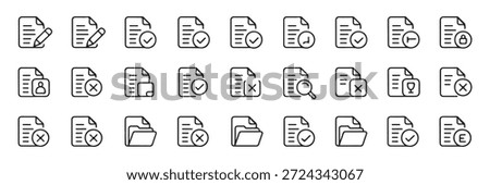 Paper document outline icons featuring check marks delete symbols edit pen and user profile management signs