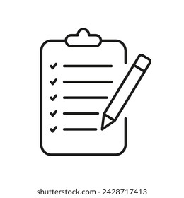 Documento De Papel Con Icono De Línea De Pluma. Pictograma lineal de lista de comprobación de escritura. Símbolo de esquema de página de contrato comercial. Firma En El Signo De Archivo. Trazo editable. Ilustración vectorial aislada.