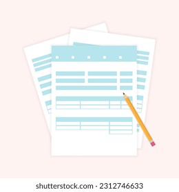 Paper document and pencil. Blank, financial document or tax form with spreadsheet. Data analysis, statistics, auditing, research, accounting, form filling, paperwork concept. Vector illustration 