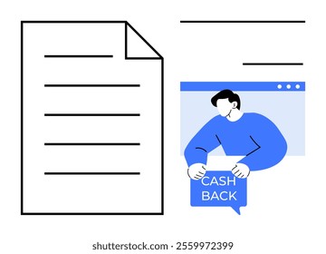 Paper document and person holding Cash Back sign on website illustration. Ideal for finance, cashback services, ecommerce promotions, online transactions, customer incentives. Minimalist vector style