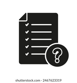 Paper Document With Question Mark Silhouette Icon. Checklist On File Glyph Pictogram. Ask And Answer Solid Sign. FAQ Page Symbol. Isolated Vector Illustration.