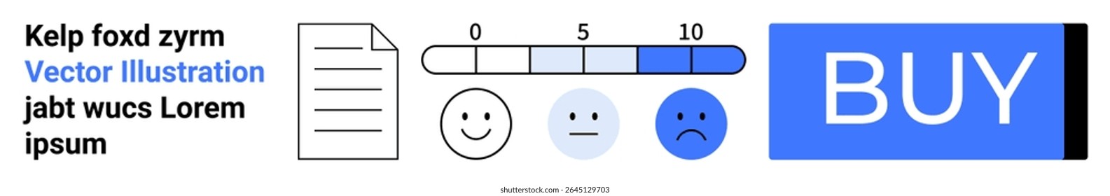 Documento em papel, escala de classificação de 0 a 10, emoticons felizes, neutros, tristes, botão COMPRAR azul, texto de exemplo. Ideal para design de site, comércio eletrônico, feedback de usuários, classificações, satisfação do cliente, compra
