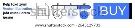 Paper document, rating scale from 0-10, happy, neutral, sad emoticons, blue BUY button, sample text. Ideal for website design, e-commerce, user feedback, ratings, customer satisfaction, purchase