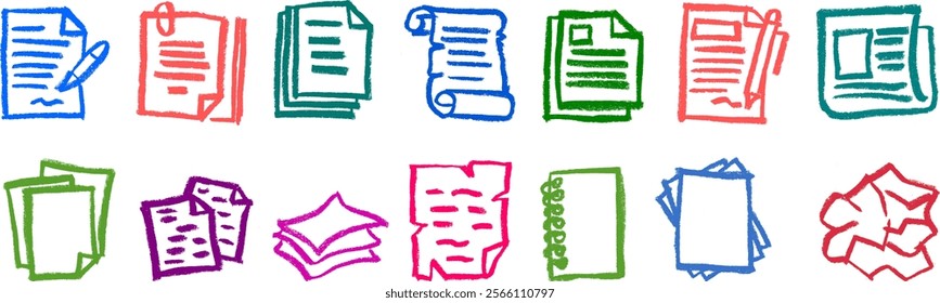 Paper and Document Related Icons Crayon Chalk Drawing Vector Set