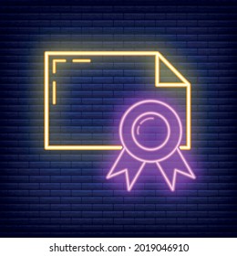 Paper document with ribbon icon glow neon style, educational institution process, back to school outline flat vector illustration, isolated on black. Concept supplies symbol, community college.