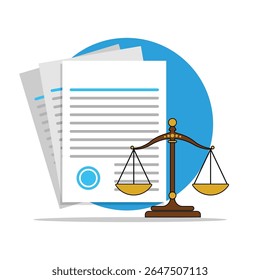Papierdokument mit Maßstab der Gerechtigkeit, Vektorgrafik. Konzeption des Advocacy-Elements.