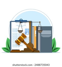 Paper Document with Scales of Justice. Advocacy Element Concept Design. law and justice, legal advice, justice, consulting, law firm and legal services concept, lawyer consultant. vector illustration.