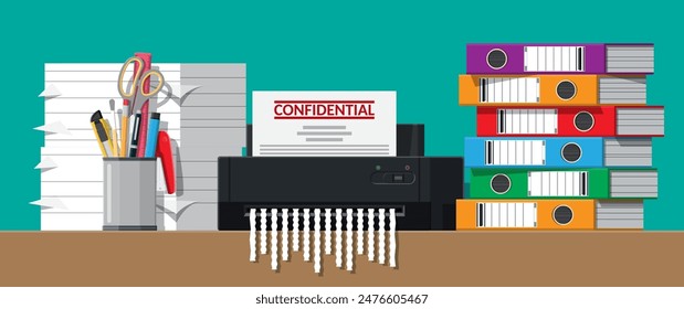 Paper document in shredder machine. Torn to shreds document. Contract termination concept. Table with books, stationery, ring binder. Vector illustration in flat design