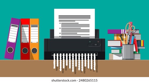 Paper document in shredder machine. Torn to shreds document. Contract termination concept. Table with books, stationery, ring binder. Vector illustration in flat design