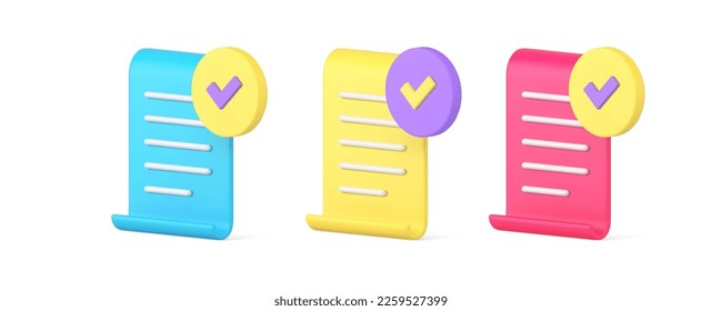 Marca de verificación de éxito del documento de papel hecho aceptación del contrato Icono 3d conjunto de ilustraciones vectoriales realistas. Control de decisiones comerciales banca financiera final de la votación final