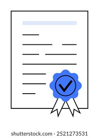 Paper document with text lines and a blue ribbon featuring a checkmark. Ideal for certifications, approvals, official documents, quality assurance, and professional accolades. Simple vector style.