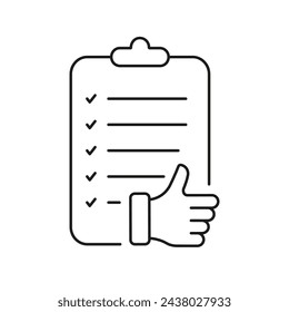 Documento De Papel Con Icono De Línea Pulgar Arriba. Pictograma lineal de confirmación de aprobación. Símbolo de voto del cliente. Aprobar acuerdo. Autorizar certificado. Trazo editable. Ilustración vectorial aislada.