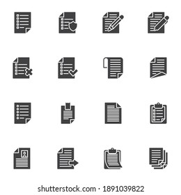 Paper document vector icons set, modern solid symbol collection, filled style pictogram pack. Signs, logo illustration. Set includes icons as report, wish list, cv resume, paper clipboard, task list