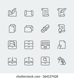 Paper, documents and archive related icon set in thin line style