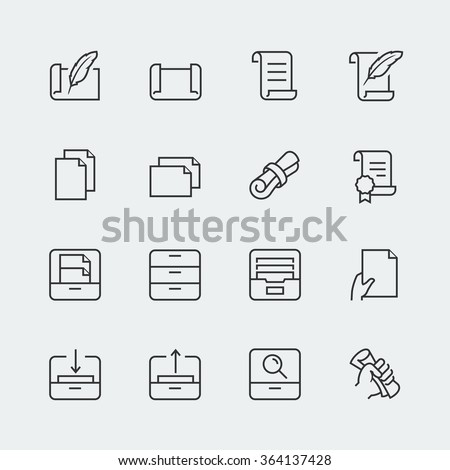 Paper, documents and archive related icon set in thin line style