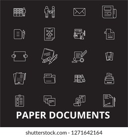 Paper documents editable line icons vector set on black background. Paper documents white outline illustrations, signs, symbols
