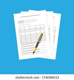 Papier oder Dokumente. Ausfüllen von Formularen und Stift. Bewerbung, Lebenslauf, Buchführung Roboter mit Papieren im Büro. Vector Illustration isoliert auf einem blauen Hintergrund.