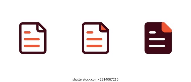 Iconos de documentos en papel con 3 estilos. Icono de línea, combinación y plano. Icono de archivo. Papel escrito doblado. 