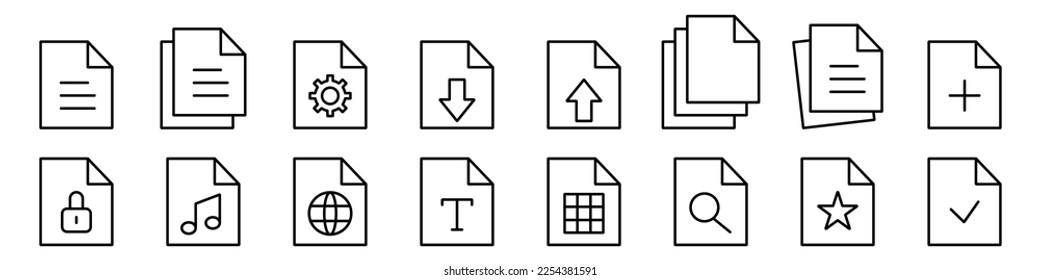 Paper documents icons. Checklist with gears, check marks, magnifier and pencil. Quality control line sign. Line files icons on isolated background. Vector EPS 10