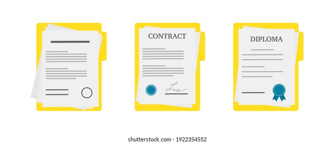 Paper documents icons. Contract or document signing icon.Set  of illustration  with diploma, contract documents . Document concept in flat 
style . Vector . 10 eps