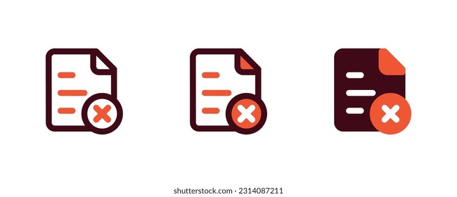 Paper documents icons with a  cross in 3 styles. Line, combination, and flat icon. File icon. Folded written paper. 