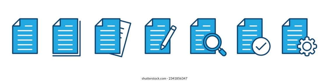 Iconos de documentos en papel. Archivo, papel, cheque, lápiz, configuración, búsqueda símbolo de icono de documento de acuerdo en color en color en fondo blanco para aplicaciones y sitios web. Ilustración del vector