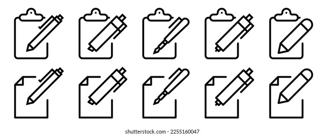 Iconos de documentos en papel. Icono de archivo. Iconos de archivo lineal. Documento de edición de Bloc de notas con icono de lápiz. Icono de lápiz, icono de registro. Iconos vectoriales de lápiz y papel. EPS 10