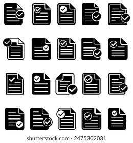 Iconos de documentos en papel. Conjunto de iconos negros de lista de verificación aislados en blanco.