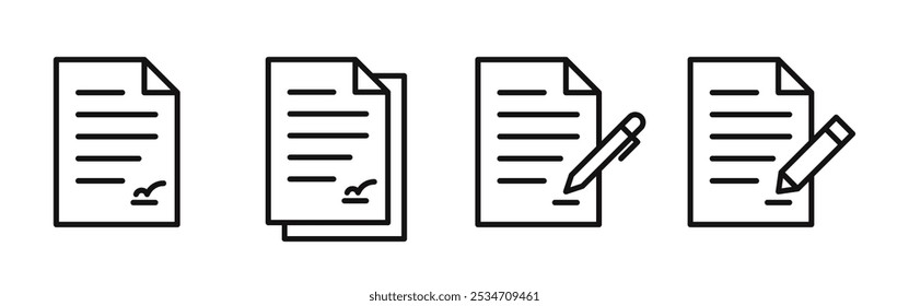 Ícones de documentos de papel definidos. Folha e lápis. Papel escrito dobrado. Assinatura, gerenciamento de negócios, símbolo de arquivo. Ilustração vetorial.