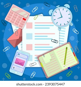 paper documents, letters, notebooks, cellphones and office equipment