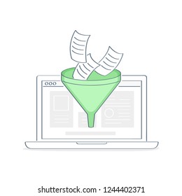 Paper documents are passed through the funnel or posting on the website. Filtration, bid data filter, information filtering, data processing or data analysis, content collection. Flat line vector.