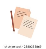 Paper documents with pen. Business paperwork, reports, applications, legal statements, reviews, letters. Writing notes, text lines on sheets. Flat vector illustration isolated on white background
