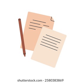 Paper documents with pen. Business paperwork, reports, applications, legal statements, reviews, letters. Writing notes, text lines on sheets. Flat vector illustration isolated on white background