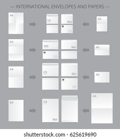 Paper documents set with realistic images of mail envelopes and suitable blank paper sheets connected by arrows vector illustration