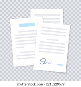 Paper documents stack. Pile with pages of contract with signature. Agreement, tax summary or financial invoice. Realistic report with shadow on white background. Paperwork concept vector illustration