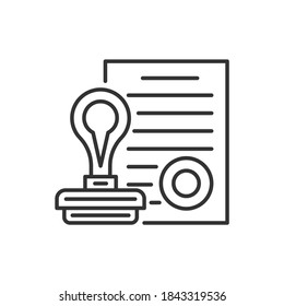Paper documents with stamp sign. Vector black icon.