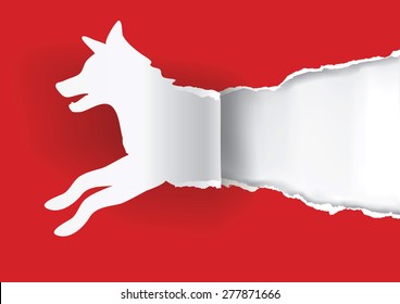 Paper Dog ripping paper.
Paper silhouette of  dog ripping red paper background with place for your text or image. Vector illustration.