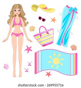 paper doll in beach clothes on a white background