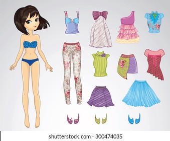 Paper doll of beautiful brunette girl and clothes for her