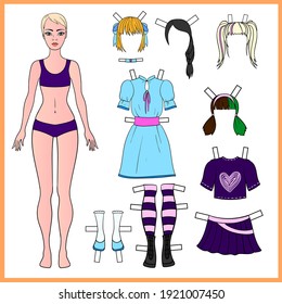 Paper doll beautiful girl cut out. Many different outfits and hairstyles. Vector. Isolated from the background