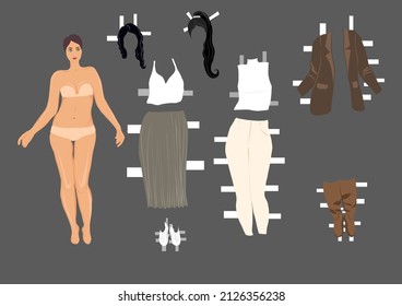 Paper doll beautiful girl cut out vector illustration. Many different outfits and hairstyles. Vector. Isolated from the background. print and play. for A4. 