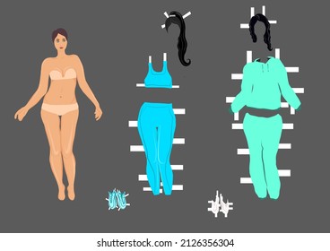 Paper doll beautiful girl cut out vector illustration. Many different outfits and hairstyles. Vector. Isolated from the background. print and play. for A4. 