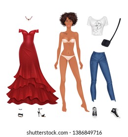 Paper doll of a beautiful young woman, with clothes set, ready for cut out and play. Casual style, summer street style theme. Vector illustration.