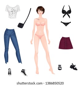 Paper doll of a beautiful young woman, with clothes set, ready for cut out and play. Casual style, summer street style theme. Vector illustration.