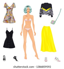 Paper doll of a beautiful young woman, with clothes set, ready for cut out and play. Casual style, summer street style theme. Vector illustration.
