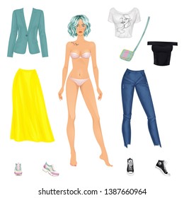 Paper doll of a beautiful young woman, with clothes set, ready for cut out and play. Casual style, summer street style theme. Vector illustration.