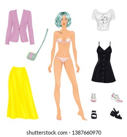 Paper doll of a beautiful young woman, with clothes set, ready for cut out and play. Casual style, summer street style theme. Vector illustration.